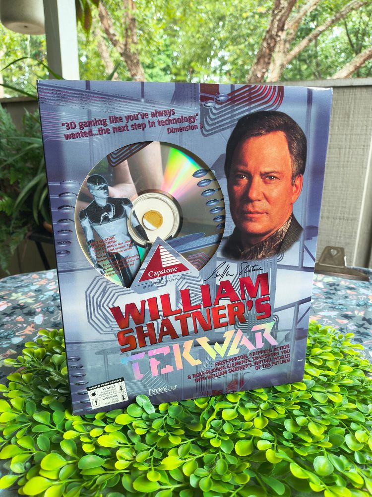 The big box for William Shatner's Tek War: the CDrom personal computer video game. Experience the Teknology of the future, today.