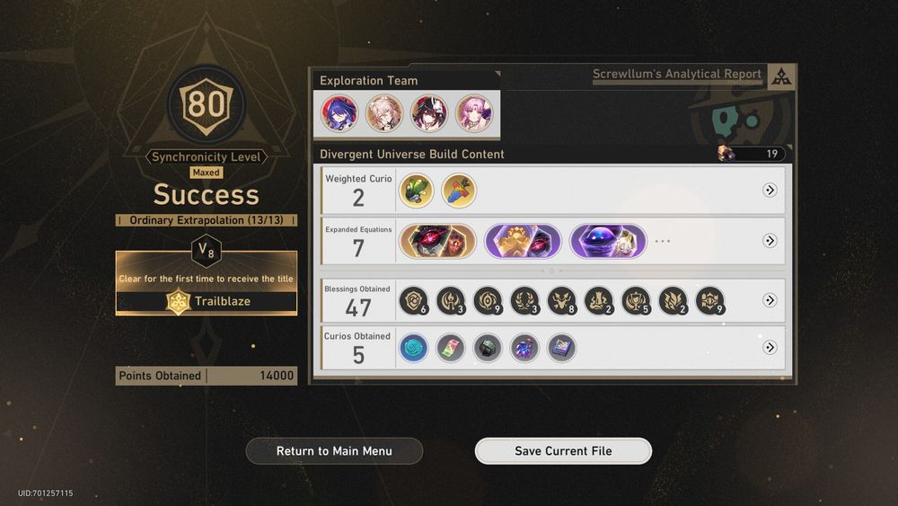 The victory screen after beating a difficulty 8 Divergent Universe run in Honkai: Star Rail, showing a team of Acheron, Jiaoqiu, Sparkle, and Fu Xuan.