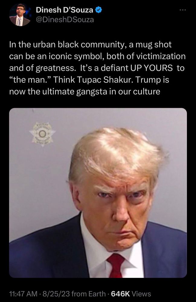Dinesh D'Souza:

In the urban black community, a mug shot can be an iconic symbol, both of victimization and of greatness.  It’s a defiant UP YOURS  to “the man.” Think Tupac Shakur. Trump is now the ultimate gangsta in our culture