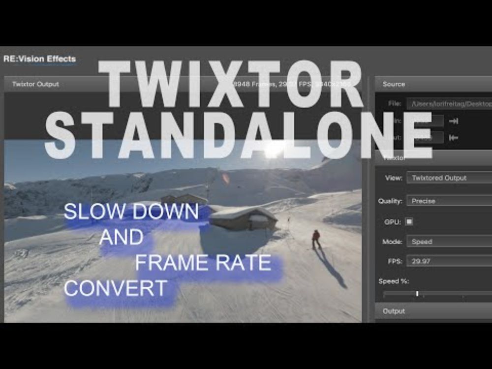 Ski drone footage retimed and framerate converted with Twixtor Standalone
