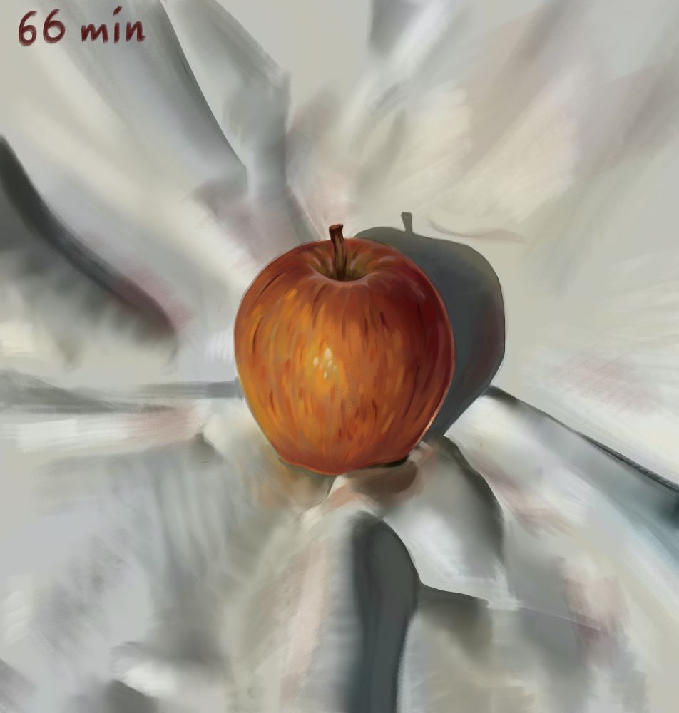 Colour still life painting of an apple on white fabric. Labelled 66 mins.