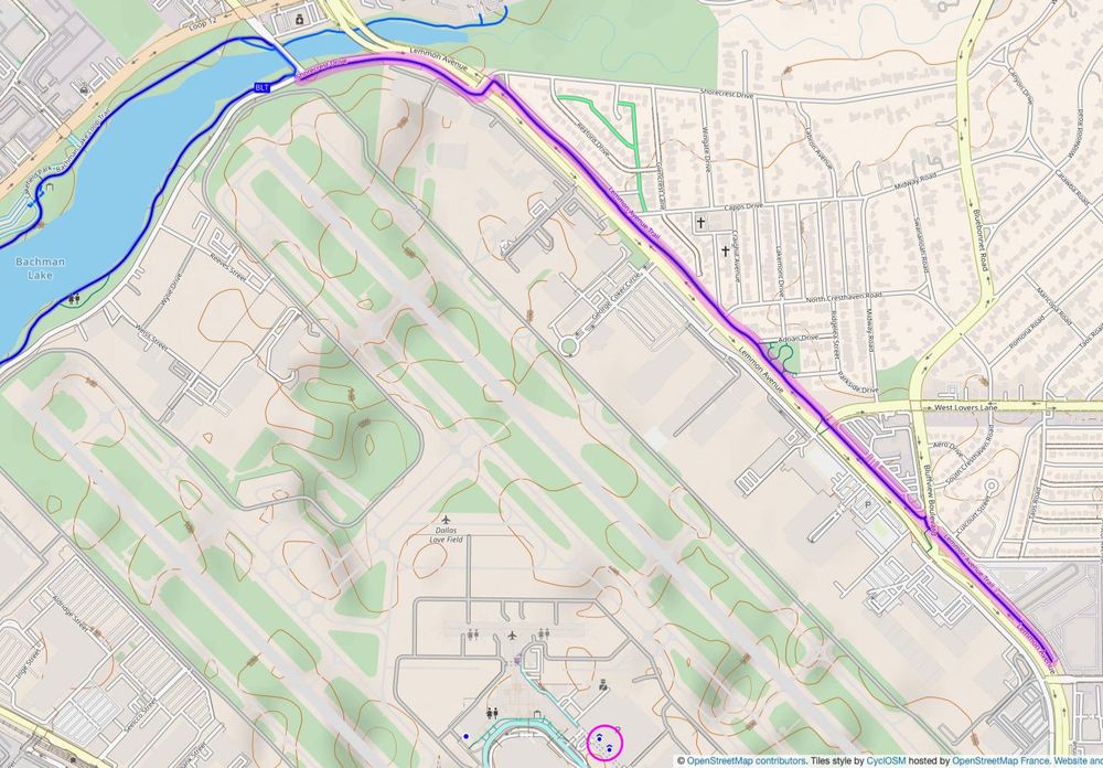 A map showing Love Field Airport in Dallas, with a newly constructed shared-use trail along Lemon Avenue on the north side, extending from the Bachman Lake Trail down Shorecrest Drive, then Lemon down to West University Boulevard. Also covered bike parking highlighted near the terminal.