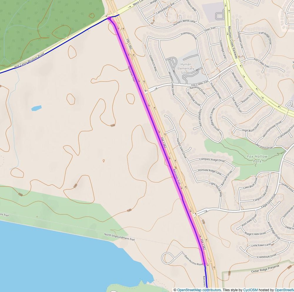 CyclOSM map showing the extension of Balcones Trail north from Dam Access Road up to West Camp Wisdom Road, where it meets with another trail going west. The new section of the trail is highlighted.