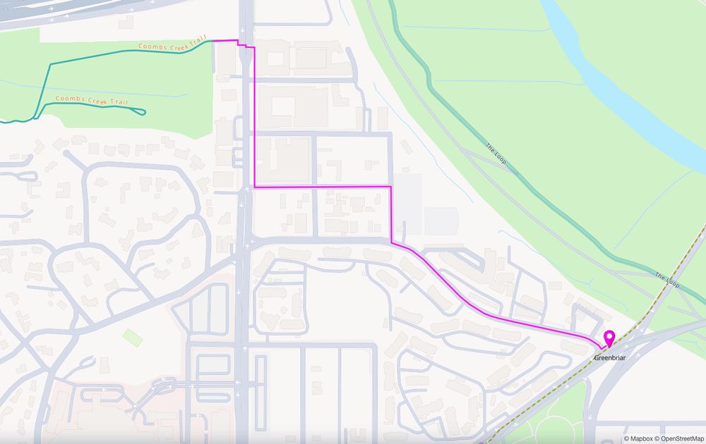 A map showing a low-stress bike route between the east end of the Coombs Creek Trail in Oak Cliff and the Greenbriar stop on the Dallas Streetcar line.
