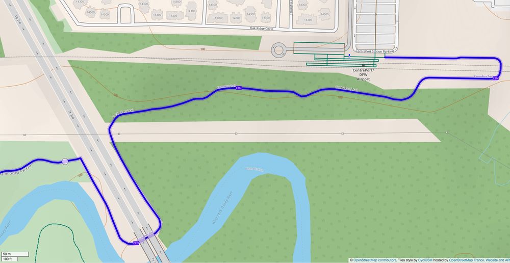 A CyclOSM map showing the length of the trail, and connections on either end. Trail length: 1.5km.