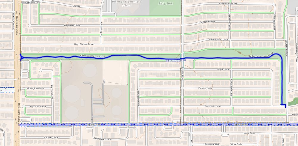 A CyclOSM map of the recently built Bisby Transmission Trail in Garland, Texas. One of those "snake" trails through an easement for high-voltage power lines.