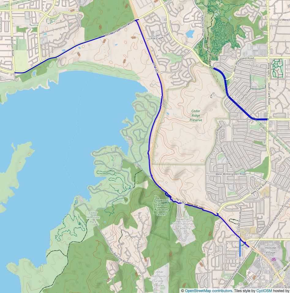 Map showing the entire Balcones Trail, and path along Camp Wisdom Road from FM 1382 to Robinson Road.