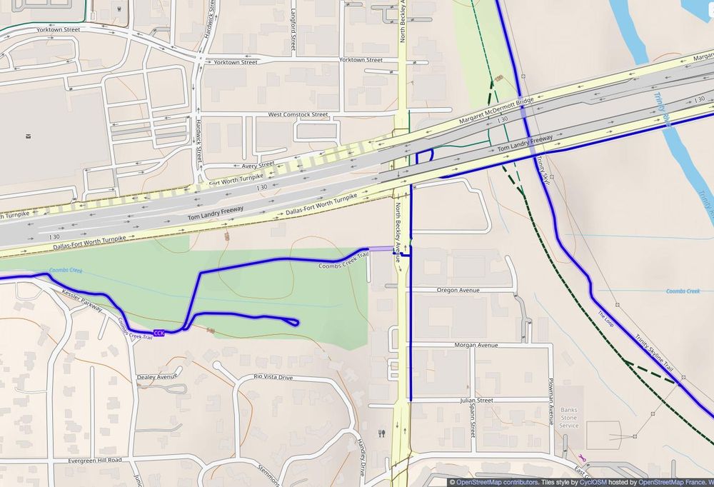 A CycleOSM map of the east end of the Coombs Creek Trail in Dallas, Texas, showing the new extension to North Beckley Avenue and connecting with some bicycle infrastructure there.