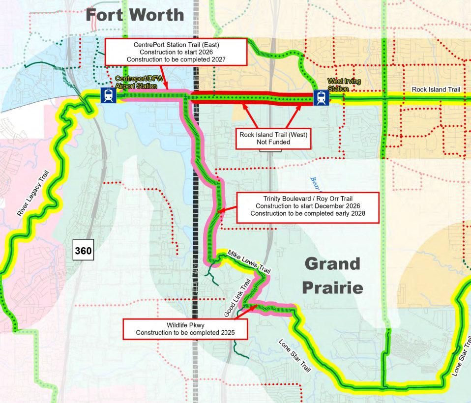 NCTCOG map of this section of the DFW Discovery Trail, showing funding status and estimated construction dates for several missing segments.