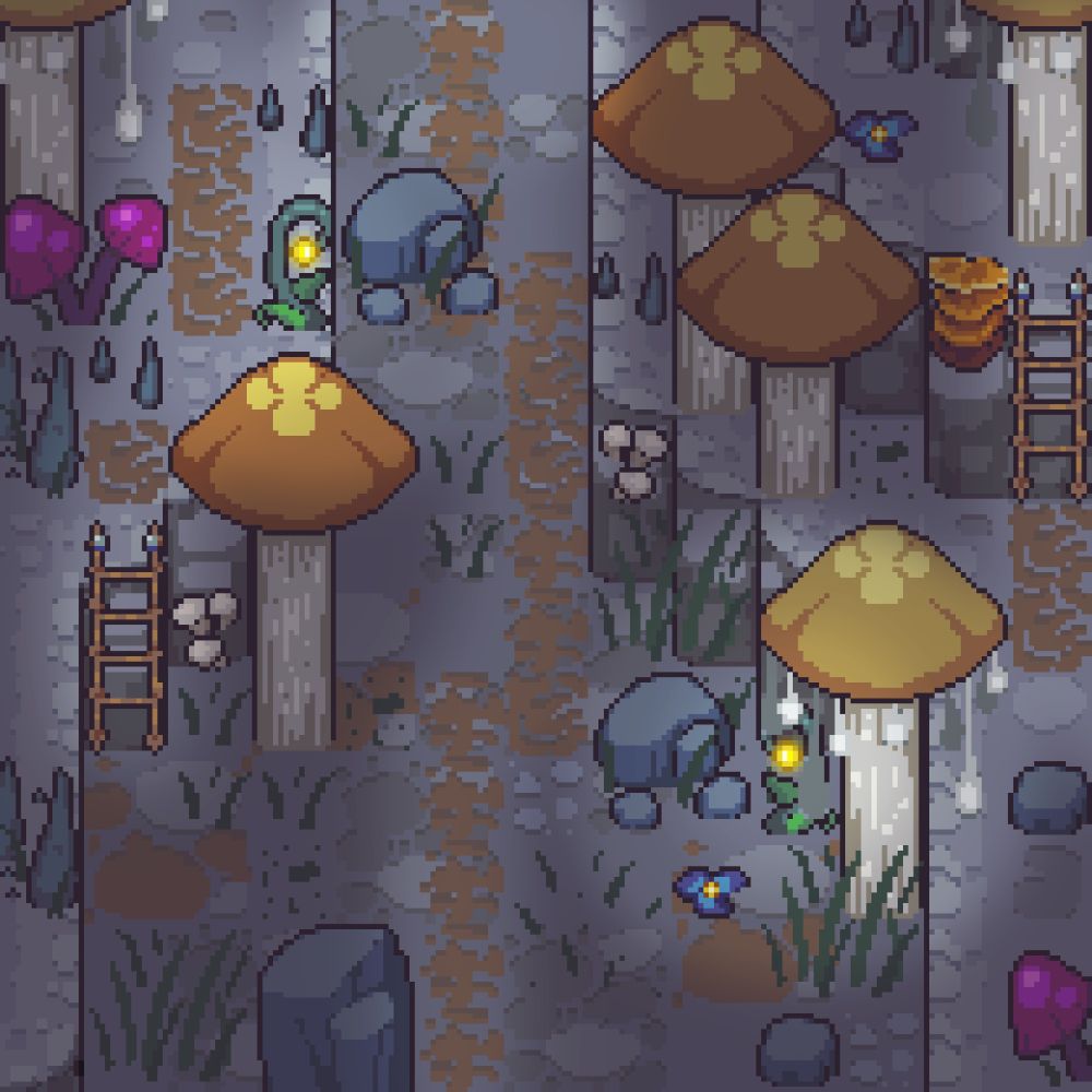 A dark desatuarated mushroom cave made with pixelart style, using yellowish glowing plants, giant orange mushrooms and some fungi of different colors. 