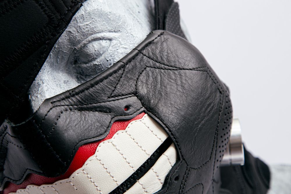 A handcrafted mask made from deconstructed Y-3 adidas sneakers, based on Kaneki's mask from the popular anime, "Tokyo Ghoul".