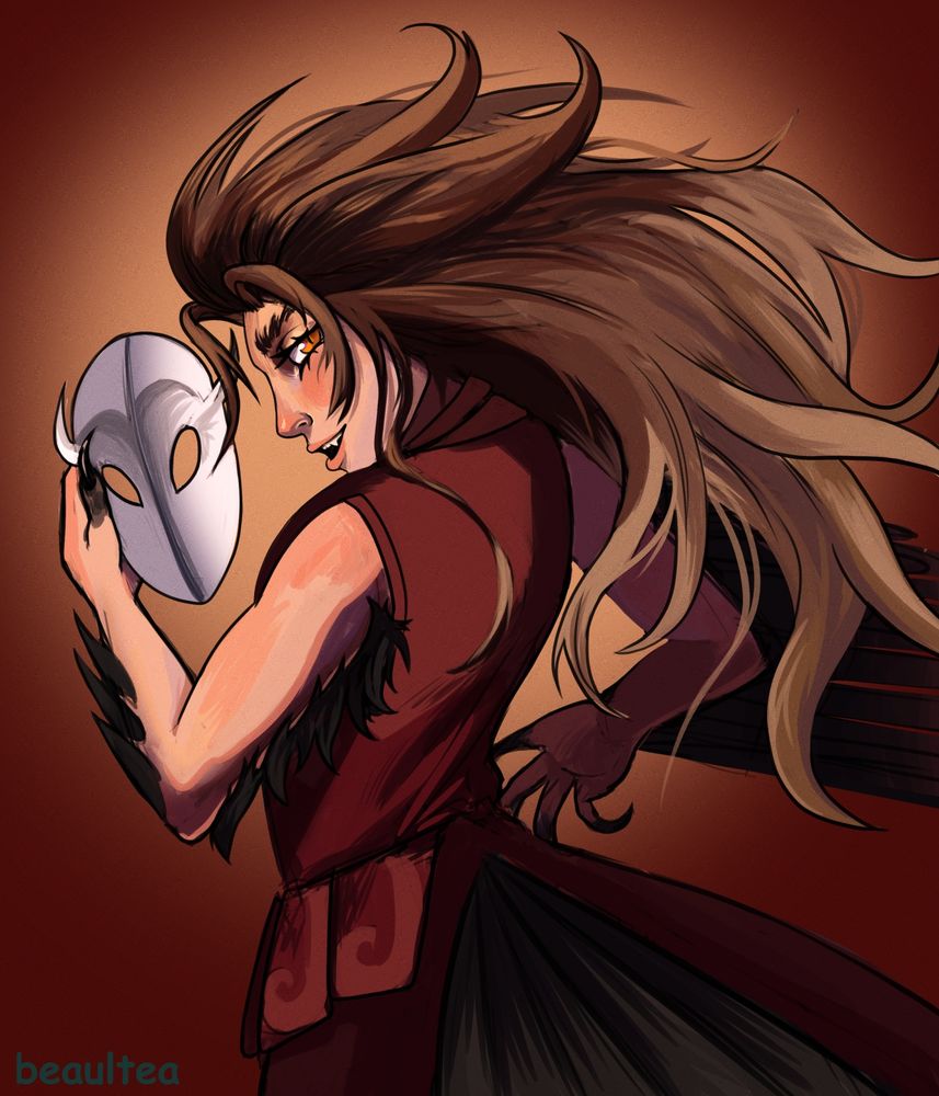 Digital painting of Safail's character, Kiufu. They are mostly humanoid with a few bird like features, such as the deep brown feathers on their arms, and their tail feathers. Their eyes are orange with slitted pupils, and they have long, medium brown hair that fades to a light brown at the ends. They are wearing a red sleeveless shirt that has long coattails running down the back. 

In this picture, their body is turned away from the viewer, holding a white mask away from their face as they look backwards over their shoulder slyly, hair blowing back dramatically.