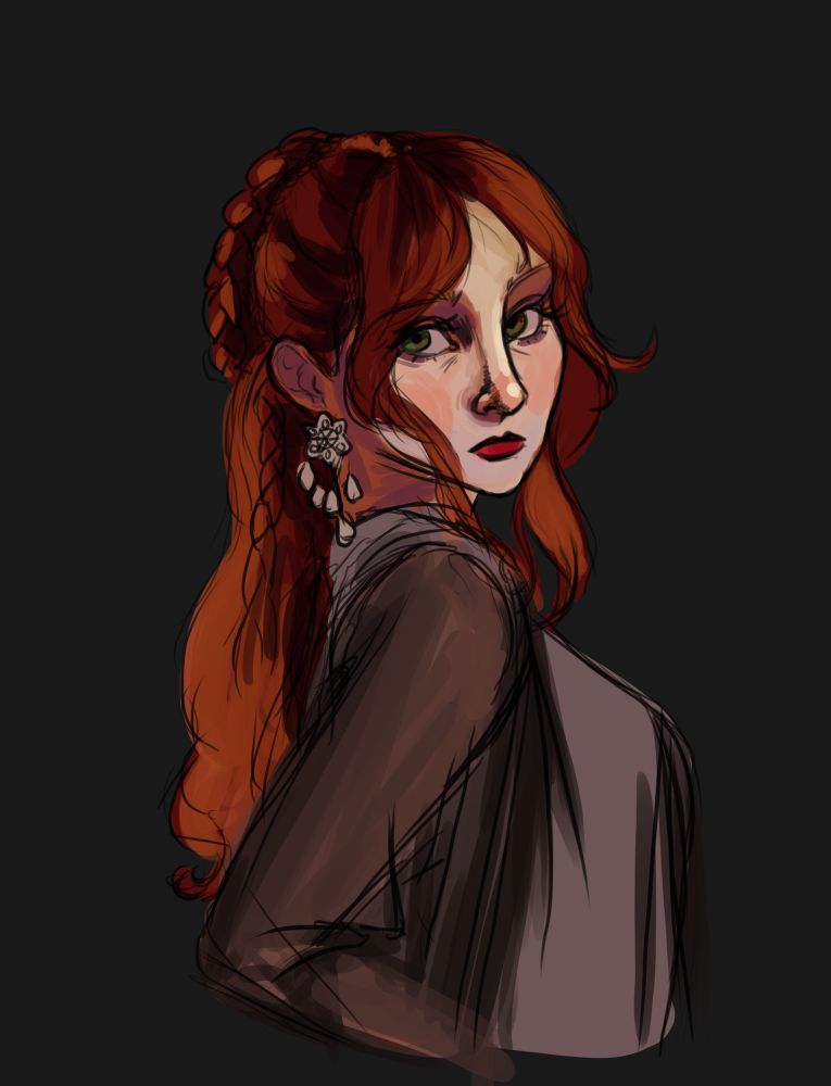 Sketch of Chappell Roan at the VMAs 2024.

A long, red haired woman looking over her shoulder with a chunky silver earring and a sheer top over a grey dress.