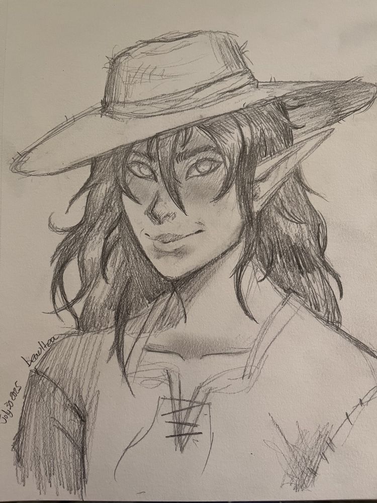 Traditional drawing of FarmyardCrow's OC/avatar, a witch's crow familiar turned human!! They are a pale skinned humanoid with dark charcoal/coloration on their forehead, wearing a straw hat and a loosely stitched short. Their ears are pointed, and they are smiling slightly at the camera.