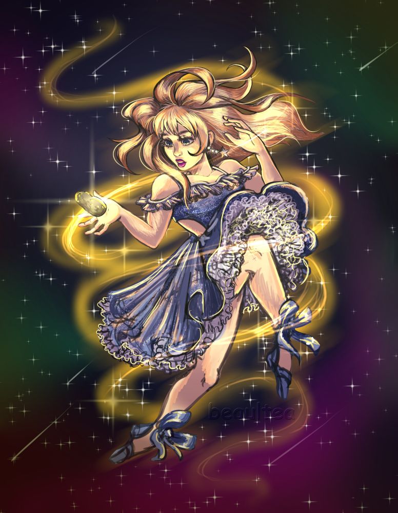 Digital painting of FaeStarlight's character having a magical girl moment in space. Golden energy is woven around her, concentrating in her hand with a potato guiding the light. Her blonde hair is flowing in space, her dress being kicked up over a bent leg while her other trails off into the distance.