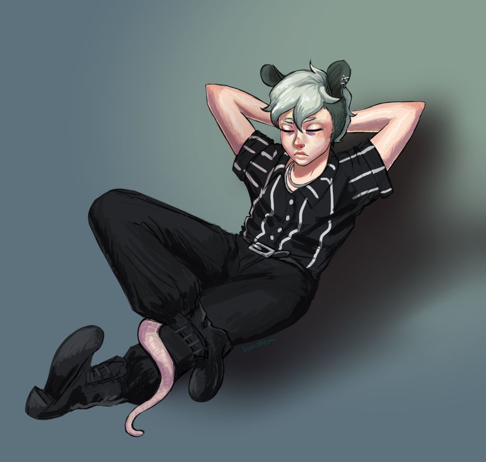 SleeplessWatcher's possum sona character, a humanoid with possum ears and a possum tail, wearing black pants, black boots, and a black shirt with white stripes. They have silver jewellery in one of their ears. 

They are pictured sleeping on the ground, hands behind their head. Finally some sleep for the sleepless possum!