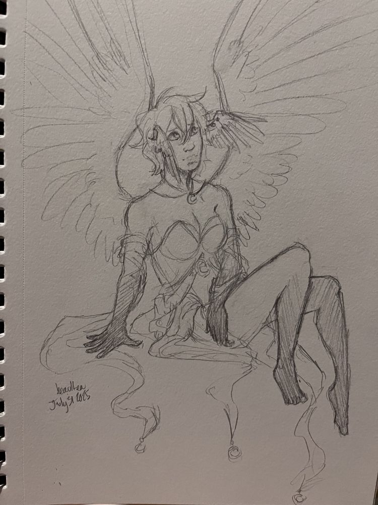 Traditional drawing of crowmonic's OC, Crow. They are a woman with an elegant dress on, their hands and feet darkened, with wings on the sides of their head and large wings on their back. They have crescent moon pendants around their neck, waist, and on the ends of their dress.

They are sitting, looking up and off to the side, wings spread.