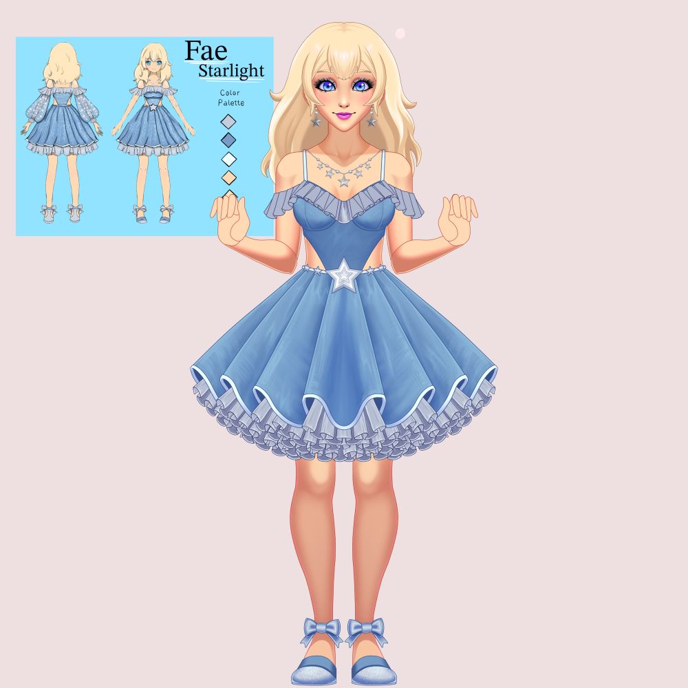 WIP of a Live2D Model for FaeStarlight. She is a slightly tanned woman with long, fluffy blonde hair, with a short blue dress frilled out with a petticoat, adorned with stars on her ears, neck, and belt. She has blue flats on with bows around the ankles, blue eyes, and purple lips. 