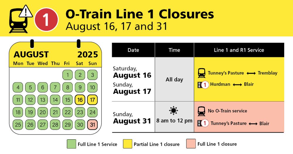 Calendar of full Line 1 maintenance service schedule in August 2025.
