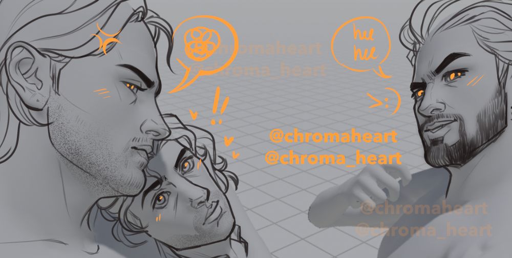 A work in progress screenshot showcasing a sketch that has scribbled orange doodles over the top. There's three men-- all are looking towards the viewer. The man on the left with medium length hair is stoic and stern. Doodle wise: There's a mass of scribbles in a speech bubble and an angry anime vein on his temple with some faint blush lines, his eyes are colored in orange. The one in the middle which is leaning on the previous man is looking up towards the viewer calmly. Doodle wise he has orange blush lines and highlights in his eyes, there are two exclamation points and three hearts hover by him. The man on the far right is mischievous, smirking at the viewer-- his eyes are also colored in and has two faint blush lines. Doodle wise there is a speech bubble that says 'hee hee' with a mischievous emoji as follows:  >:)