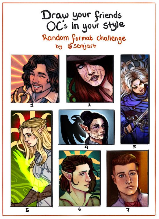 A grid of different sized boxes showcasing different Dragon Age characters. Number 1 is a square box showcasing a close up of Marius who is a man with dark short curly hair, warm brown skin, with a goatee beard-- he has gold sun beams coming out from behind him. He's wearing a grey collared shirt with a golden snake on his leather shoulder armor. He is grinning widely with his eyes closed. Number 2 is another square box showcasing a close up of Litriu-- a woman with long reddish hair, pale skin, and heather grey eyes who has vine-like grey-purple markings on her face. She has some dark purple eye shadow at the wings of her eyes and light brown-grey lipstick on. She is wearing a grey wide brimmed hat that shades half of her face in shadow. Her expression is severe, looking off camera. Number 3 is a long rectangle who is showcasing a half body shot of Illia-- a woman with long silver-white hair, pale skin, and golden eyes. She is wearing purple & blue armor that has crow imagery threaded throughout it, her saber's hilt has a winged shape akin to crow wings, that she holds up ready for combat. Her brows are furrowed, steeling herself for what's to come. Number 5 is another long rectangle showcasing Regin, a woman with long braided dirty blonde hair, pale skin, and pointed elf ears. She has a spectral green arm that replaces her lost arm, reaching up towards her, looking off to her left. Number 4 is a wide rectangle showcasing Harrow-- an androgynous person with long black hair up in a bun and long sweeping bang over one eye, pale skin, & pointed elf ears. They have markings on the left side of their face-- there is a Grey Warden symbol in the background. Number 6 is a shorter rectangle showcasing Naera, a woman with pale skin, and short pointed elf ears with pink & red eyes-- she looks solemly off to the right. Number 7 is the same shape as before showcasing Luc, a man with tan skin, purply-blue eyes, and short brown hair. He looks off camera with a subtle soft smile.