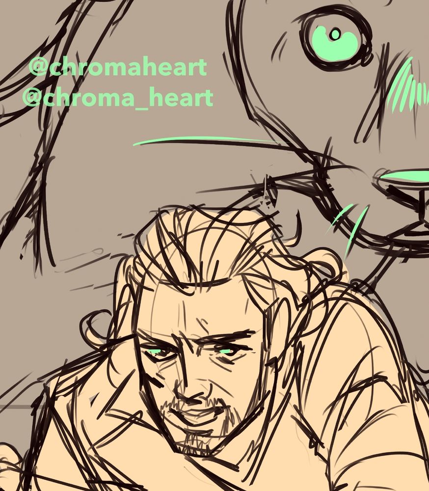 A cropped sketch wip with pale green highlights. Gale looks almost smugly somewhere off camera, struggling to get back up off the ground while a large panther looms eerily behind him.