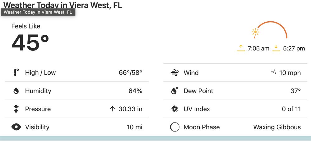 weather channel screen shot showing FL feels like at 45 degrees Fahrenheit 