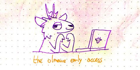 ballpoint pen drawing of a deer using a laptop looking smugly at the viewer, with "the olmewe early access" written below it