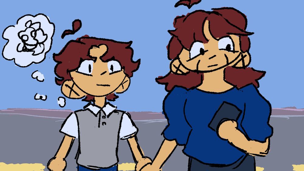 The main character of Fortunes & Families, Kay Divina, walking with their mother while holding hands. The two of them are walking along an empty street.

Kay has short brown hair and wears a grey vest over a white short-sleeved button up. They look into thr distance with a conflicted expression on their face.

Kay’s Mother, Maria Divina, has long brown hair that reaches past her shoulders and wears a blue top with puffy sleeves. She is pre-occupied with her phone to notice Kay.