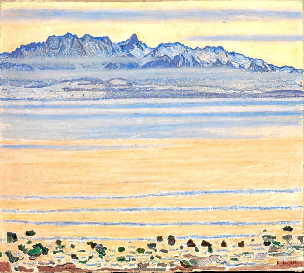 Peinture de Ferdinand Hodler, “La chaîne du Stockhorn” (1905) montre un paysage de lac reflétant la lumière orangée du. Iel, avec la chaîne de montagne les séparant. Les reflets sur l’eau, de nuages, ainsi que l’horizontalité de la ligne d’horizon mettent en valeur la ligne sinueuse et découpée de la montage.
🇨🇭 #art