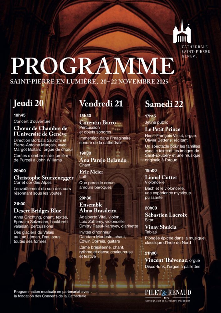 Programme des soirées Saint Pierre en lumière 2025, à Genève. La cathédrale est illuminée avec des bougies, il y a de la musique tous les soirs et une lecture du Petit Prince en musique le dimanche à 17h15