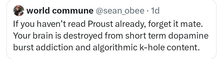tweet saying you can't read Proust because your brain is cooked by screens 