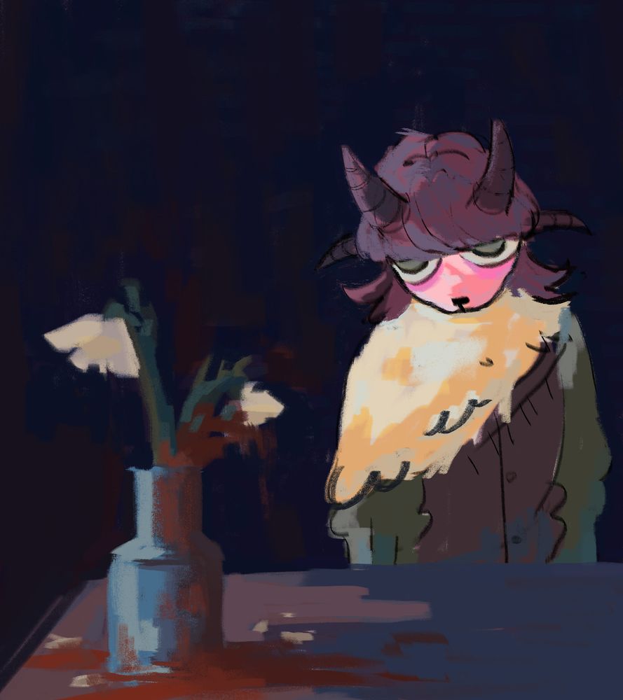 c!tubbo looking at a flower pot with flowers drenched in blood