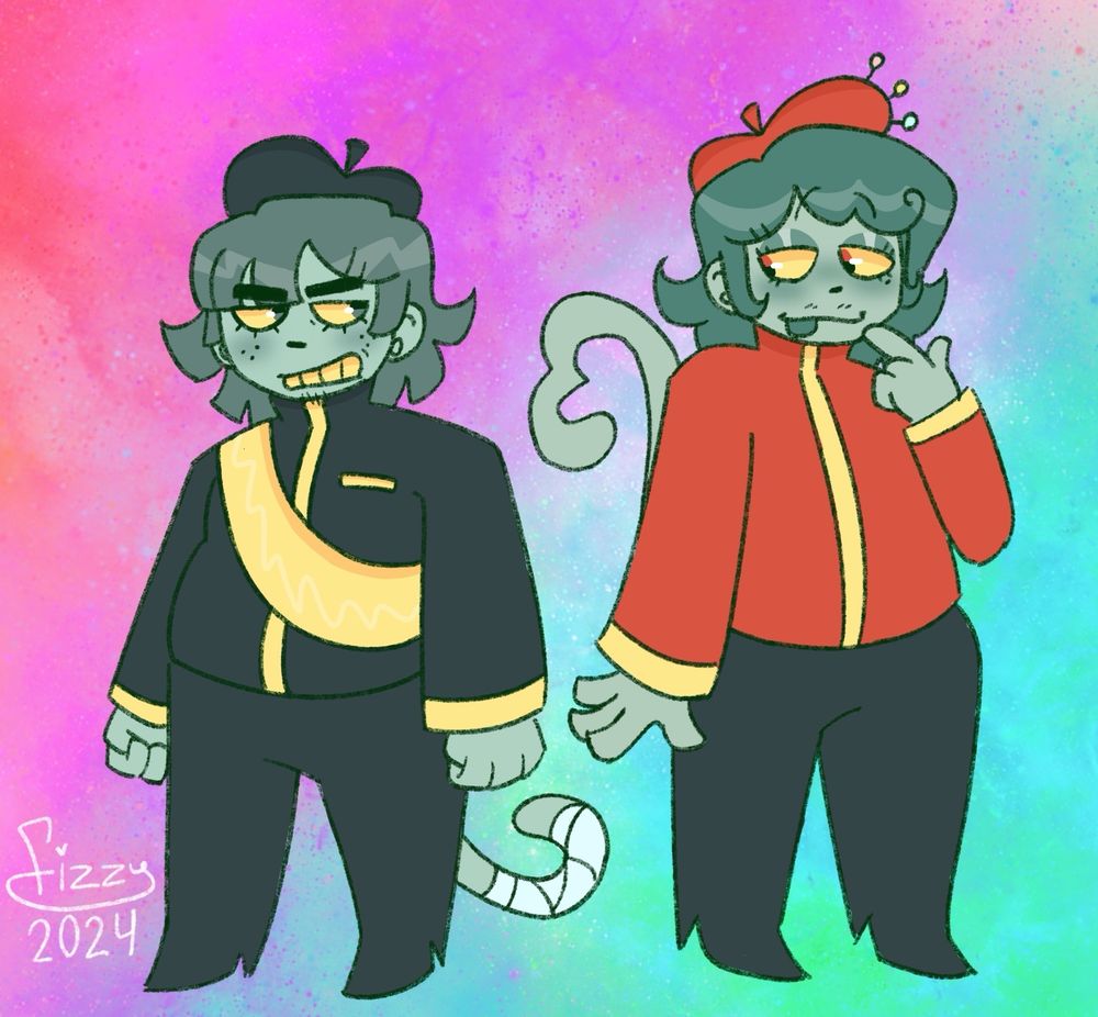 A drawing of Capochin and Vib from Great God Grove. Capochin is shorter and looking at Vib with an angry expression. Vib is looking at Capochin with a flirty expression. Gay little barrel of monkeys