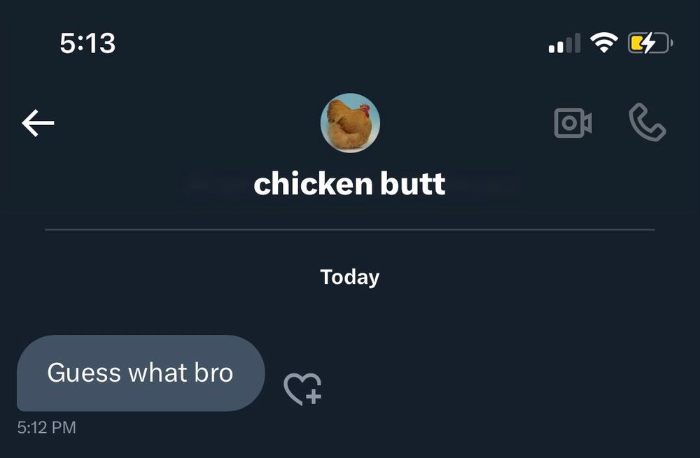 A Twitter message by a user named ‘chicken butt’. There’s only one message, timestamped 5:12PM; “Guess what bro”