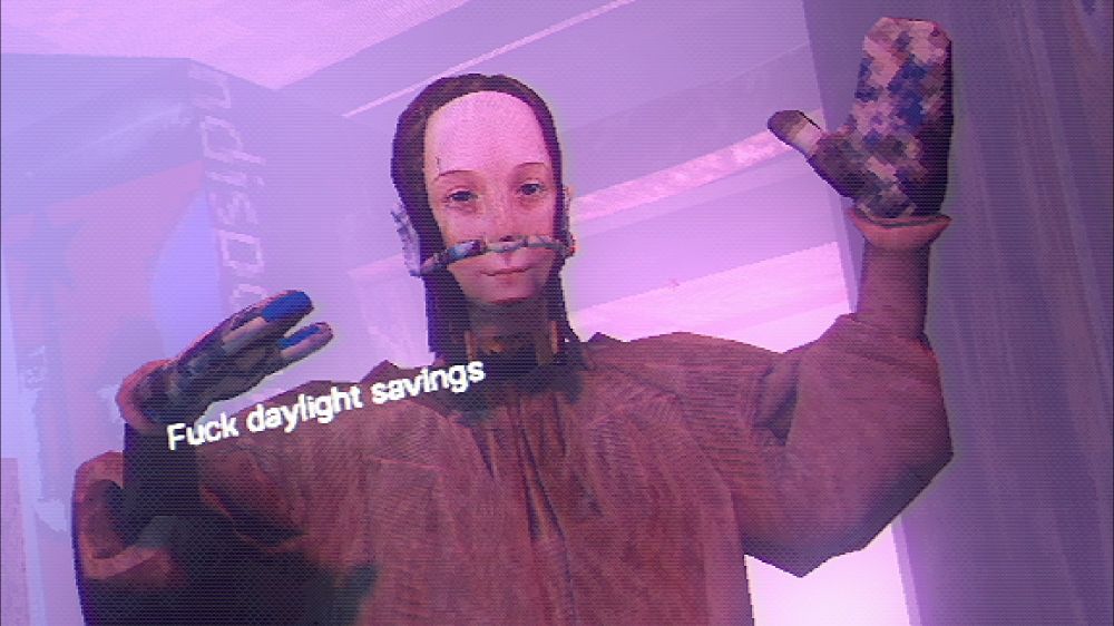 a woman dancing in a club in Arctic Eggs, with text beside her: "Fuck daylight savings"