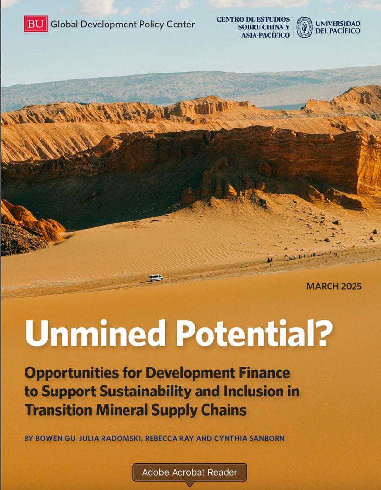 Cover image for the new report from the BU GPD Center and Universidad del Pacífico CECHAP: Unmined Potential? Opportunities for development finance to support sustainability and inclusion in transition mineral supply chains