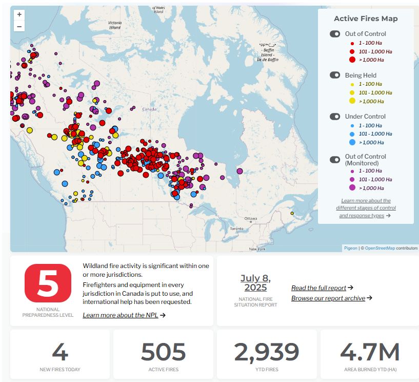 A map of Canada showing wildfires and their status across Canada.