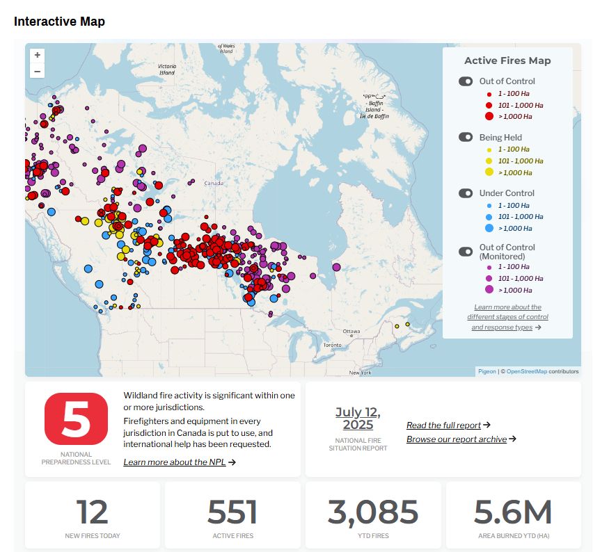 Map of Canada showing locations of fires and their status as of july 12, 2025