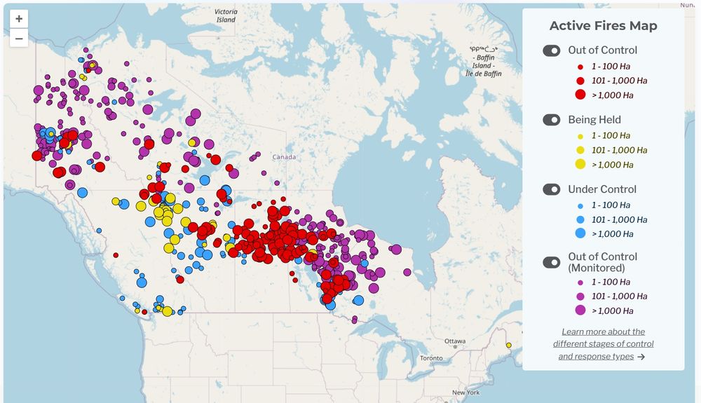 map showing Canadian wildfire location and status
