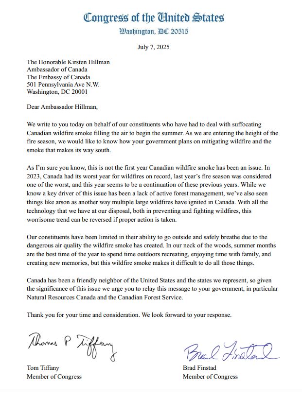 Letter from members of the US congress to the Canadian ambassador in Washington DC to with respect to forest fire smoke.
