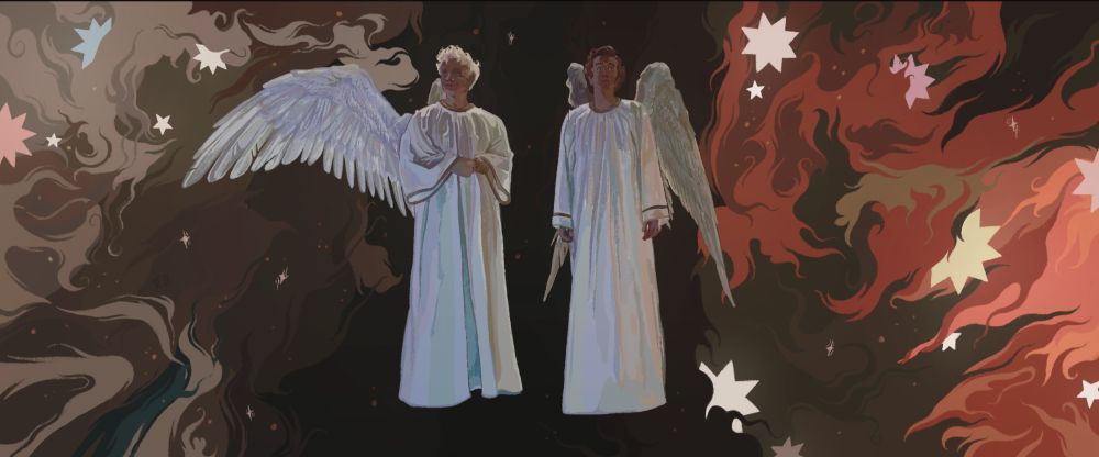 Aziraphale and Crowley in the beginning of time, they have wings all out in the middle of expanding universe, an act moment from the first scene of Good Omens II. 