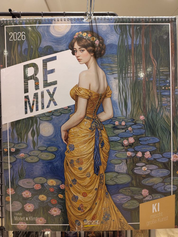 A calendar called RE/MIX, with a cover showing a vaguely impressionist lily pond under a figure of 8 shaped moon, foregrounded by a woman in the classic "T&A" twisted spine pose, in a spotted gold dress cut below the shoulder blades. The caption tells us this is meant to be Monet x Klimt 