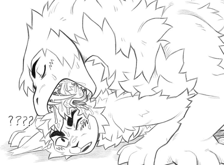 crop of an image of Fucko and Thnek having sex. Thnek is compulsively licking the side of Fucko's face, tasting him. 
