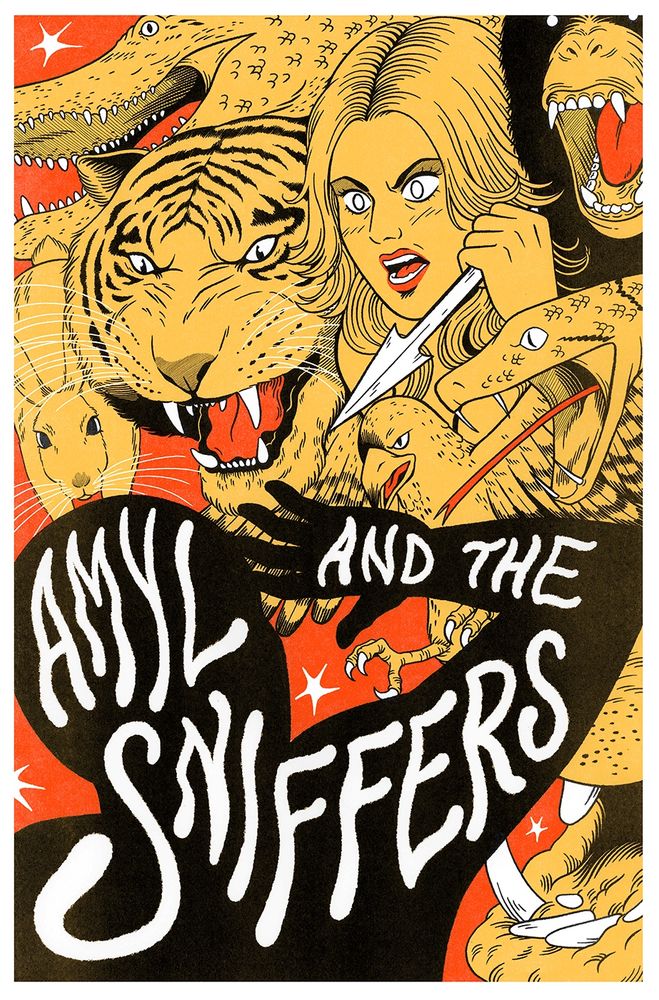 A fan poster for the band, Amyl and the Sniffers. The poster features a woman amongst a hoard of animals attacking a man in silhouette. The animals included are a crocodile, tiger, hare, hawk, snake, chimp and a hippo. Colours are black, red and saffron yellow.