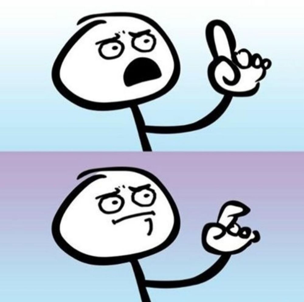 Cartoon person raising index finger for counterargument.
Cartoon person lowering finger as they can't argue with that.