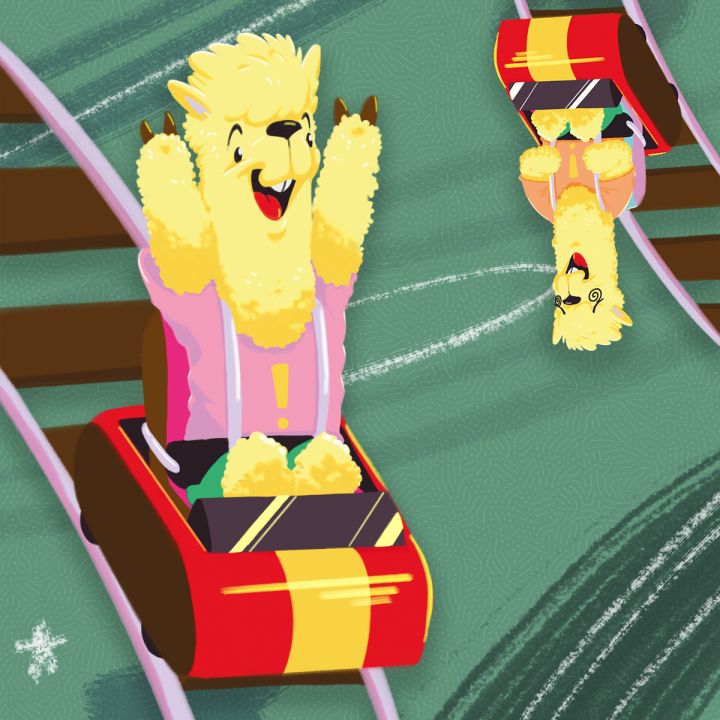 Illustration of an anthropomorphic alpaca riding a rollercoaster