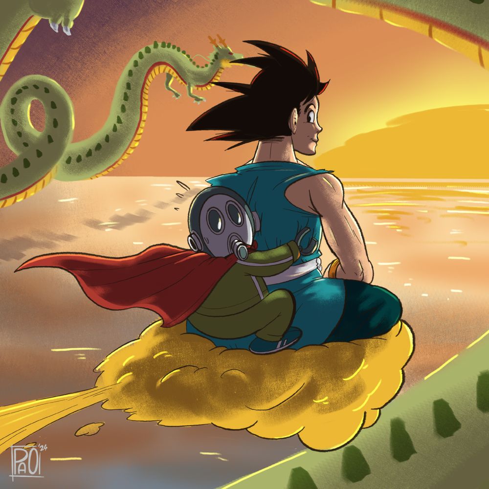 Goku carrying Akira Toriyama on his flying nimbus. In the background there's a sunset and the dragon Shenlong.