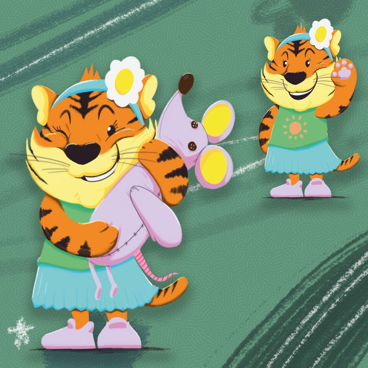 Illustration of an anthropomorphic tiger with a plushie