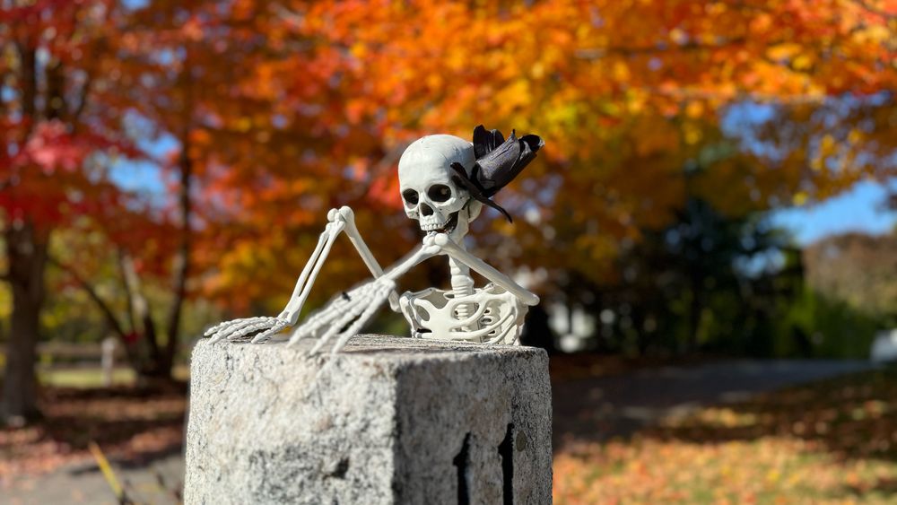 Skeleton wearing a crow creeps over the etched stone pillar as the fiery trees of autumn blaze in the background 
